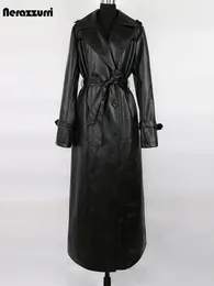 Giacche da donna Nerazzurri Primavera Autunno Trench coat extra lungo impermeabile in morbida pelle nera per donna Cappotto di lusso lungo fino al pavimento 231204
