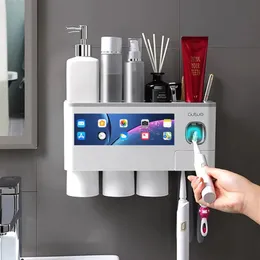 Adsorção magnética invertida porta escova de dentes automático espremedor de pasta de dentes dispensador rack armazenamento acessórios do banheiro home267u