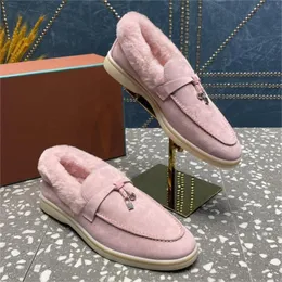 Womens Winter Charms Pendants Loafers Suede Luxurys Designer Classic Navy Blue White Pink Päls Non-Slip Snow Boat Sportwear Casual Shoes 35-42