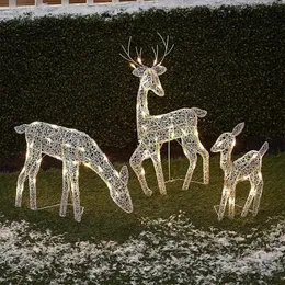 Garden Decorations 3st Handcraft Iron Art Elk Deer Juldekor Led Light Glowing Glitter Reindeer Xmas Home Outdoor Yard Ornament 231204