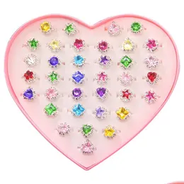 Bandringar 36st Colorf Rhinestone Gem Rings in Box Justerbar Little Girl Jewel Children Piss Pre316t Drop Delivery Jewelry Ring Dhjkx