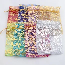 8colors 9X12cm Gold Rose Design Organza Jewelry Pouches Bags Candy Bag GB038 sell295S