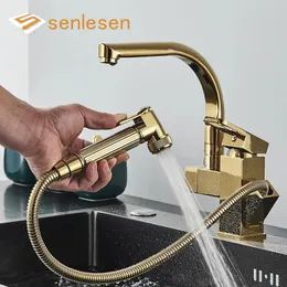 Küchenarmaturen Senlessen Luxusarmatur Golden Messing Waschbecken Waschbecken Tippdeck montiert Ausziehen Sprühgerät LED Spout Kaltwassermixer Crane 231204