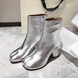 New Glitter Anatomic Ankle Tabi Boots Chunky Heel Round Toe Cap Silver Black White Blue Red Purple Khaki Green Booties Women's Cowskin shoes
