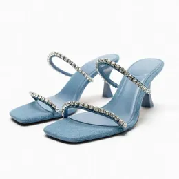 Sandali TRAF ZAZA Sandali con tacco alto da donna con strass lucido Sandali con tacco alto Moda Slingback Scarpe da donna Sandali con tacco sottile con testa quadrata 231204