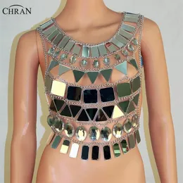 Chran Mirror Plexiglas Crop Top Kettenhemd BH Neckholder Halskette Body Dessous Metallic Bikini Schmuck Burning Man EDM Zubehör Cha218n