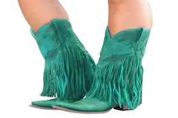Vertvie femmes automne hiver bottes frange mi-mollet bottes femme Cowboy talon bas mode gland pluie dames chaussures Streetwea5715732