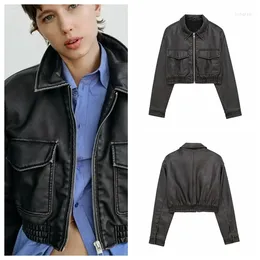 Kvinnors jackor 2023 Pocket Decoration Black Imitation Leather Shirt Jacket