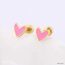 simpatico orecchino a bottone semplice a forma di cuore rosa, smalto colorato, gioielli in acciaio inossidabile con goccia d'olio per bambini, donne e ragazze