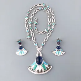 Designer Collection Luxurious Fashion Necklace Stud Earrings Women Lady Inlay Diamond Cubic Zircon Turquoise Fan-shaped Big Pendant High-end Jewelry Sets