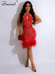 Casual Dresses Znaiml Halter Backless Sheer Mesh Feathers Rhinestone Birthday Red Mini Dress for Women Outfits Sexig Rave Party Night Club