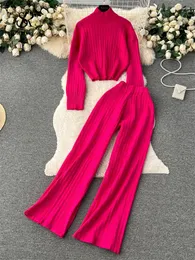 Women's Two Piece Pants SINGREINY Winter Knit Pieces Suits Half High Collar Full Sleeve Pullover Wide Legs Long Women 2023 Senior Striped