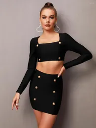 فساتين العمل EST WIND WINTER SEXY LING SELEVE BUNTER Black Square Terction Mini Lundage Skirt Set 2023 Elegant Evening Club Party Outfit