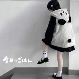 Casacos femininos japonês estilo preppy mulheres outerwear solto kawaii panda y2k velo inverno cordeiro lã com capuz casacos preto branco retalhos