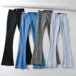 Kvinnors jeans höga midja stereo smal fit lapptäcke europeiska och amerikansk stil klockbotten byxor