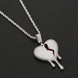 Red oil Drip Bro Hearts Necklace Pendant With Rope Chain Gold Silver Color Cubic Zircon Men Women Hip hop Jewelry289W