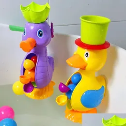 Bath Toys Shower For Kids Cute Yellow Duck Waterwheel Sea Horse Baby Faucet Bathing Play Water Spray Game Drop Delivery Maternity Otwju