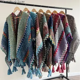 Scarves Fashion Bohemian Striped Tassel Poncho Knitting Cotton Shawl For Woman Ethnic Scarf Ladies Autumn Keep Warm Travel Shawls cloak 231204
