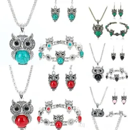 Andra smyckesuppsättningar Fashion 10st/Lot Classical Owl Turquoise smyckesuppsättningar 3 -stycken Set Vintage Bohemia Style Armband Pendant Necklace DHE1C