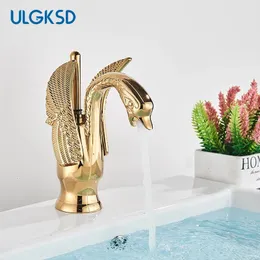 Other Faucets Showers Accs Luxury Golden Swan Shape Brass Bathroom Basin Sink Faucet Cold Water Mixer Tap Deck Mounted Chrome 231204