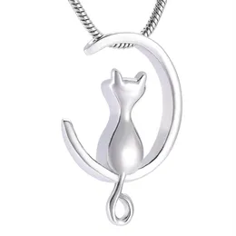 IJD10014 Moon Cat Acciaio inossidabile Cremazione Gioielli per animali domestici Urne commemorative Collana Tenere ceneri Ricordo Medaglione Jewelry325I