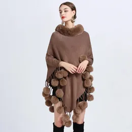 Scarves 5 Color Loose Poncho Bottom Pompon Cape Winter Warm Faux Rabbit Fur Neck Cloak Out Street Pullover Shawl Streetwear 231204