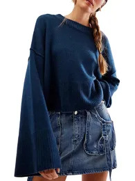 Women's Sweaters Pull en tricot monochrome a manches longues evasees pour femmes tricots d'automne et d'hiver document At 231205