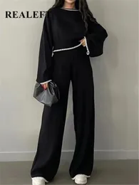 Womens Two Piece Pants REALEFT Autumn Winter 2 Pieces Suits Knitted Tracksuit ONeck Sweater and Wide Leg Jogging Female Oufit Sets 231204