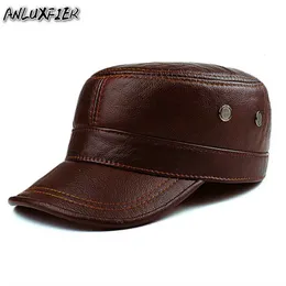 Ball Caps Men's Genuine Leather Hat Adult Cowhide Hat Male Outdoor Warm Flat Leather Hat Winter Casual Leather Cap Adjustable B-8386 231204