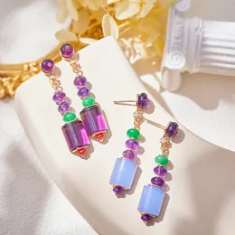 Boucles d'oreilles à tige de style collection de créateurs pour femmes, incrustation de diamants en zircon cubique, plaqué argent sterling 925, pompons de couleur or rose, perles violettes, boucles d'oreilles pour dîner