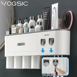 Tandborstehållare Vogsic Magnetic Holder Wall Storage Rack Cups med 2 tandkräm Dispenser för hemorganisatör Badrumstillbehör Set 231204