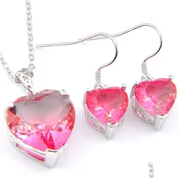Bröllopsmycken set LuckyShine Wedding Jewelry Set 925 Sier Bi Colored Tourmaline Heart Zircon Fashion Earring Necklace Pendants For DHWNP