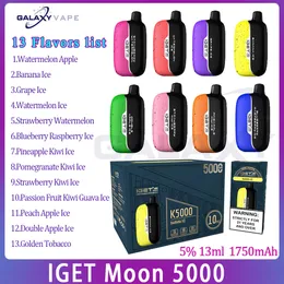 Podstawowy Iget Moon 5000 Puff E papieros 1750 mAh Bateria do ładowania 13 ml wstępnie wypełniona kapsułka 13 Smaki jednorazowe zaciągnięcia Vape 5k 5k