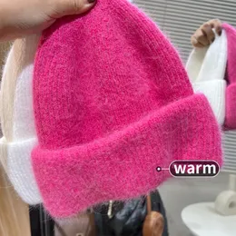 Beanie/Kafatası Kapakları Angora Tavşan Kürk Kış Şapkası Kadınlar için Örgü Beanies Şapka Kadın Sıcak Yumuşak Gerçek Doğal Kürk Pom Poms Şapkalar için 231204