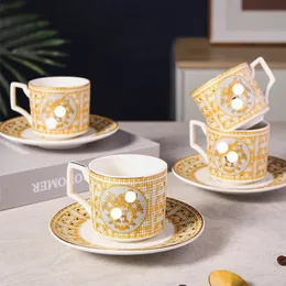 Mugs Top Grade Ceramic Coffee Cup And Saucer Set European Bone China Luxury Tea Milk Drinking Cups 6 Cups 6 Dishes with Original Box 231204