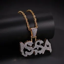 Hip Hop Micro Pave Green Cubic Zirconia Bling Out ISSA Lettera Pendenti Collana per uomo Rapper Gioielli Oro Color249i