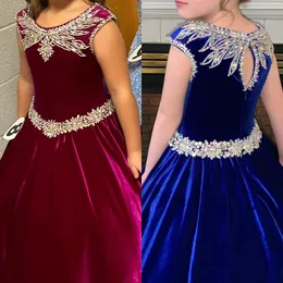 Velvet Kız Pageant Elbise 2024 Crystal Royal Burgundy Glitz Küçük Çocuk Eğlenceli Moda Pist Draması Doğum Günü Resmi Kokteyl Partisi Elbise Toddler Gençler Preteen Anahtar deliği