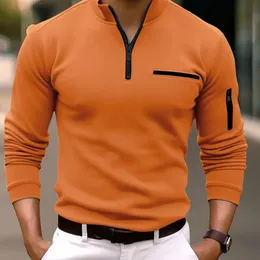 Мужские поло Мужская рубашка на молнии для работы на каждый день с длинным рукавом Модная удобная спортивная одежда с простым карманом Мужская одежда Camisetas Hombre 231205
