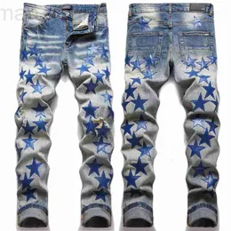 Men's Jeans designer High Street New Broken Blue Star Patch Fashionable Slim Feet Star Stretchy Jeans Male Fashion WJ7H