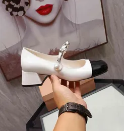 Dress Shoes Designer Luxury Mui Marie Jean women039s shoes high heels white French middle Girl Pearl patent leather thick7377896
