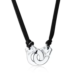 Real 925 Sterling Silver Handcuff Menottes Pendant Necklace With Red Black Rope For Men Women France Dinh Jewelry308b