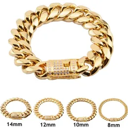 8 mm 10 mm 12 mm 14 mm 16 mm 18 mm Pulseras de acero inoxidable chapadas en oro de 14 quilates para hombre Pulsera de oro punk con eslabones cubanos de Miami de alto pulido 3046