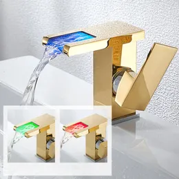 Other Faucets Showers Accs LED Basin Faucet Brass Waterfall Temperature Colors Change Bathroom Cold Water Mixer Tap Deck Mounted Wash Sink Taps 231204