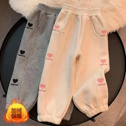 Trousers Winter Girls Thick Warm Pants Plus Fleece Trousers for Kids Padded Sweatpants Elastic Korean Casual Cotton Pants 4-14 Years 231204