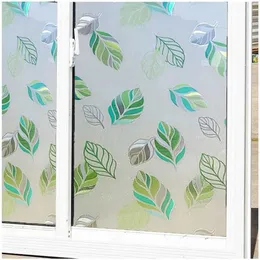 Window Stickers Decorative No-glue Frosted Film Stained Waterproof Static Cling Glass Foil Sticker Green Leaf PVC271H