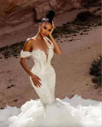 2023 Designer Meerjungfrau Brautkleider Brautkleid aus den Schultergurten Kristalle Perlen Satin Strand Rüschen nach Maß Vestidos de Novia Plus Size