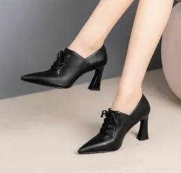 2022 Autumn Winter Women Bare Boots High Heels Dress Shoes Woman Pointed Toe Pumps Lace Up Botas mujer Black designer shoe 9403N3649480