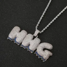 Nome personalizado letras de fundo azul pingentes colares zircão hip hop jóias com ouro prata 24 polegadas corda chain228d