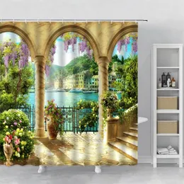 Cortinas de chuveiro europeu floral paisagem cortina flores roxas arco porta oceano edifício cenário banho banheiro banheira decor285q