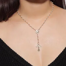 Sparkly Cross Pendant Choker Necklace Long Imitation Pearl Pärled Chain Rosary Madonna Coin Halsband Pendants religiösa smycken282e